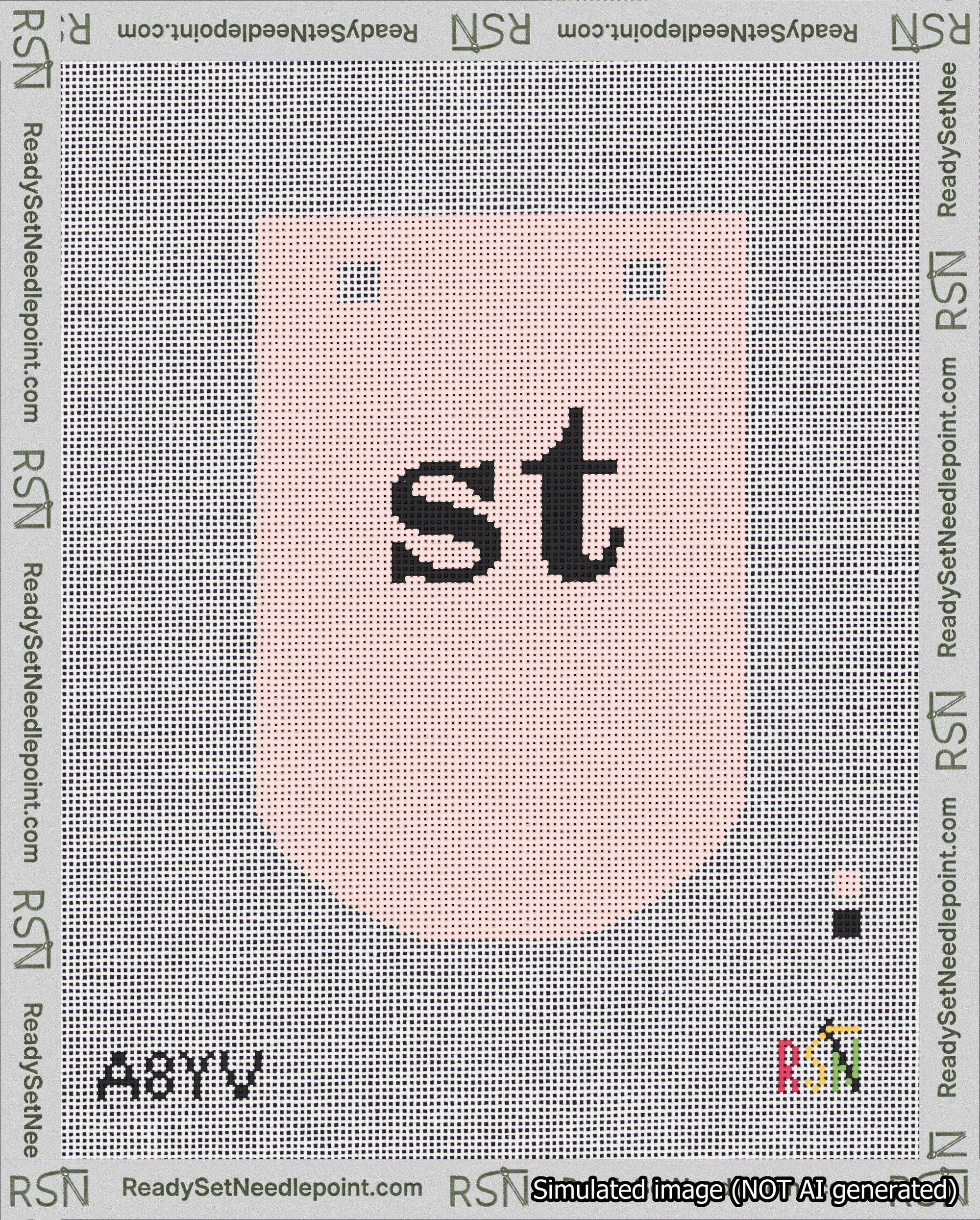 A taped needlepoint canvas with the design: Banner 18 mesh count Curved st Black on Pink.
