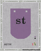 A taped needlepoint canvas with the design: Banner 18 mesh count Curved st Black on Purple.