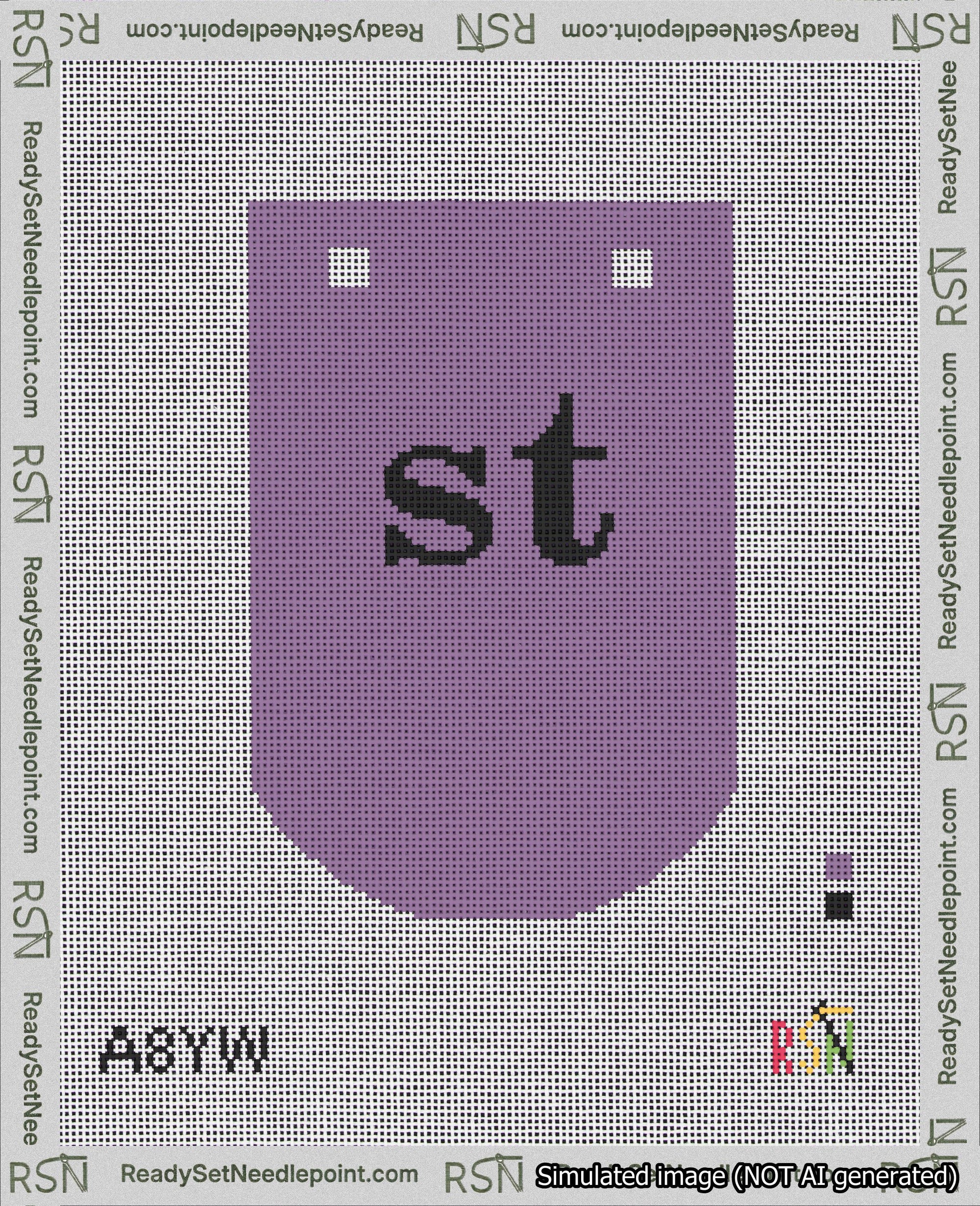 A taped needlepoint canvas with the design: Banner 18 mesh count Curved st Black on Purple.
