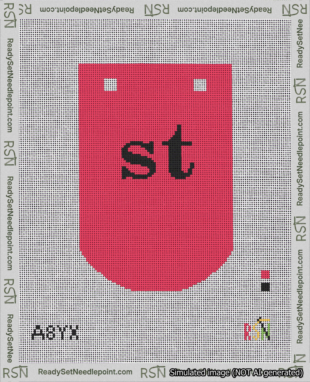 A taped needlepoint canvas with the design: Banner 18 mesh count Curved st Black on Red.