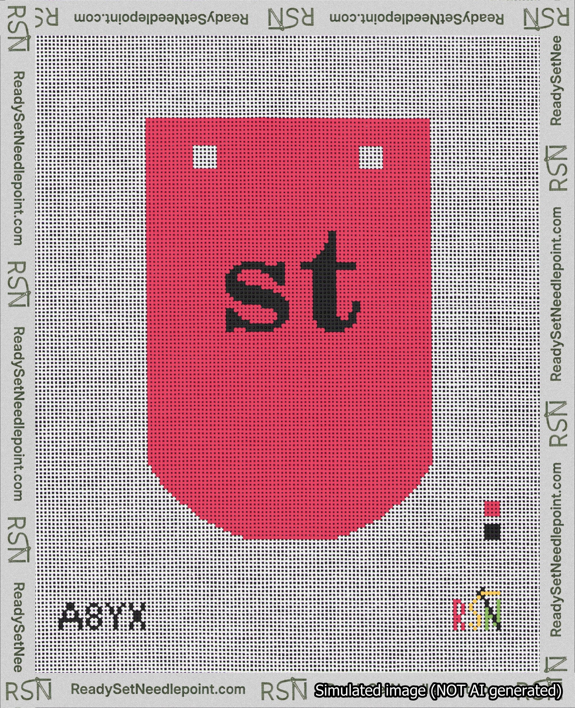 A taped needlepoint canvas with the design: Banner 18 mesh count Curved st Black on Red.