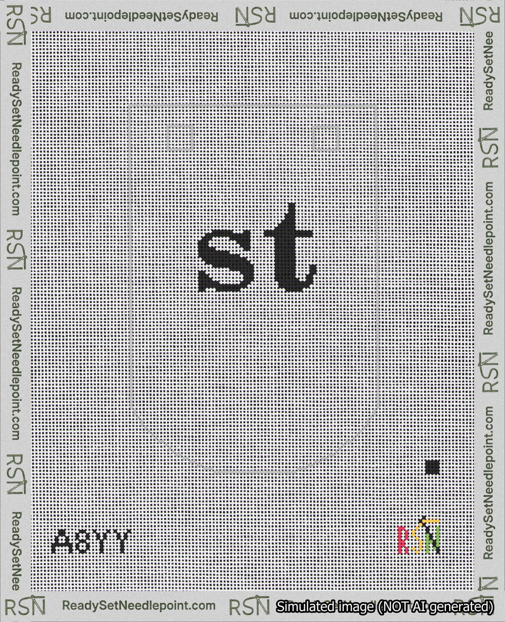 A taped needlepoint canvas with the design: Banner 18 mesh count Curved st Black on White.