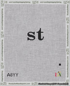 A taped needlepoint canvas with the design: Banner 18 mesh count Curved st Black on White.