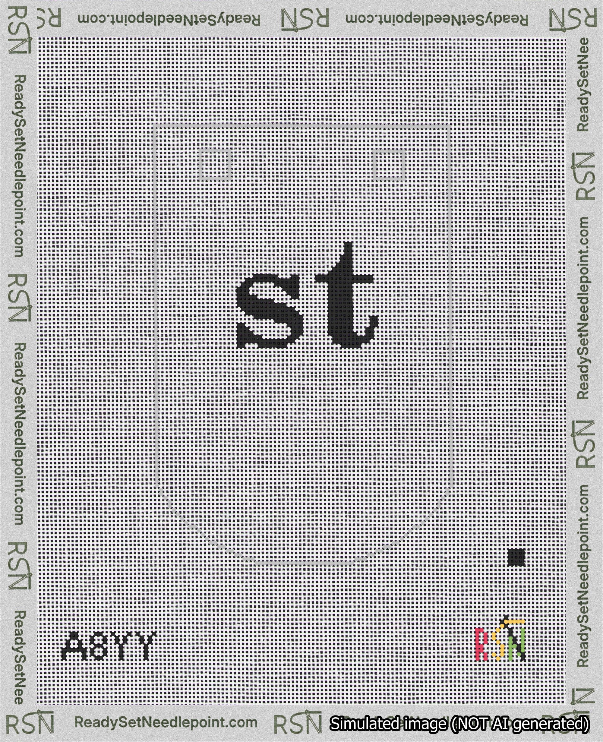 A taped needlepoint canvas with the design: Banner 18 mesh count Curved st Black on White.