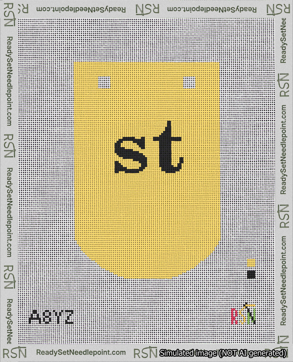 A taped needlepoint canvas with the design: Banner 18 mesh count Curved st Black on Yellow.
