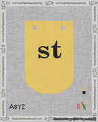 A taped needlepoint canvas with the design: Banner 18 mesh count Curved st Black on Yellow.