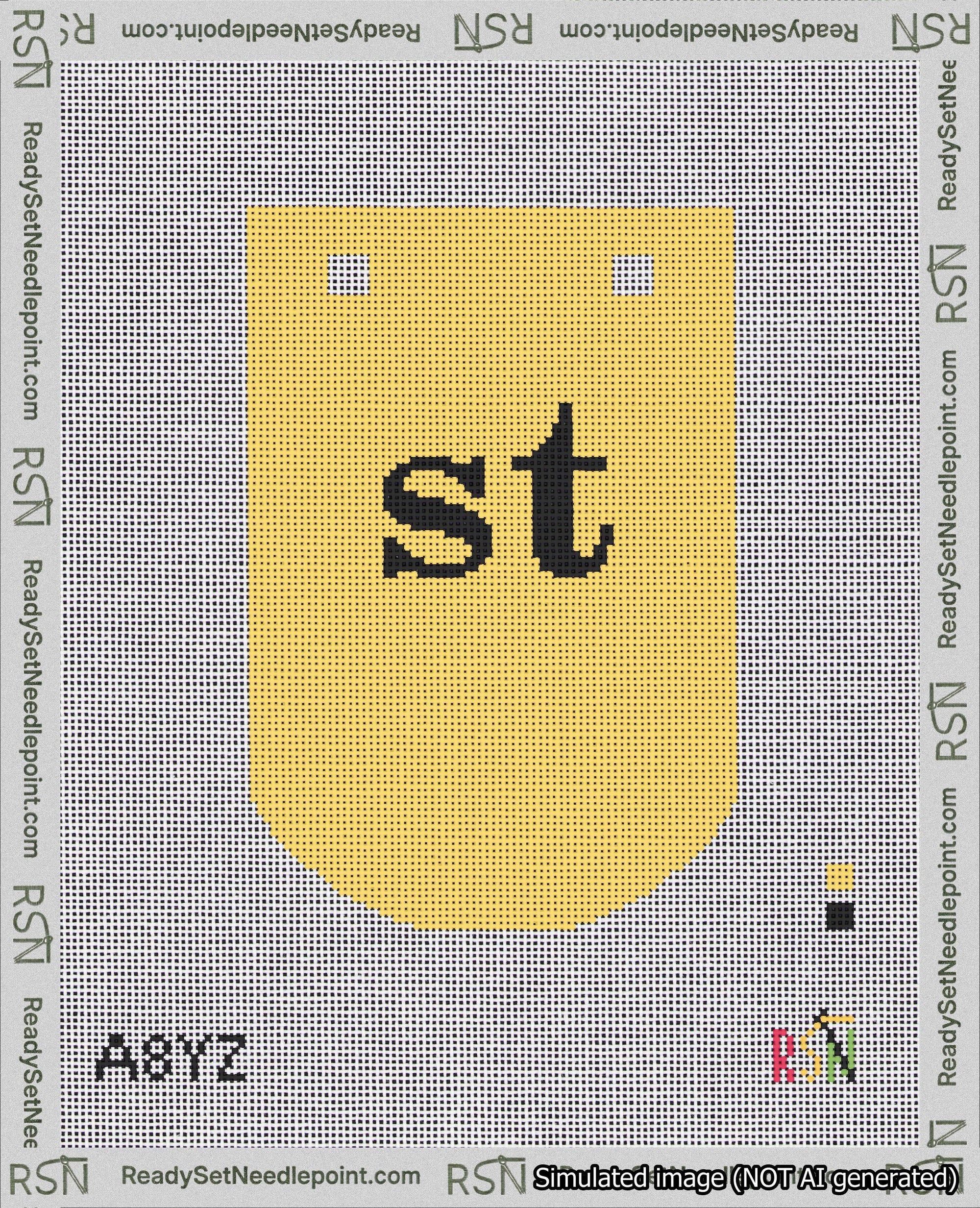 A taped needlepoint canvas with the design: Banner 18 mesh count Curved st Black on Yellow.