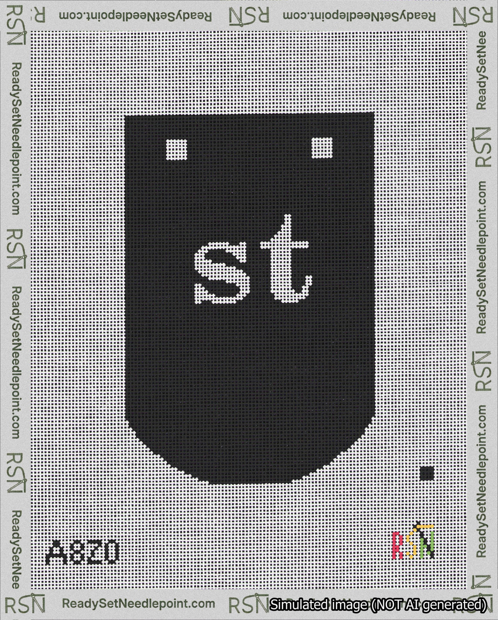 A taped needlepoint canvas with the design: Banner 18 mesh count Curved st White on Black.