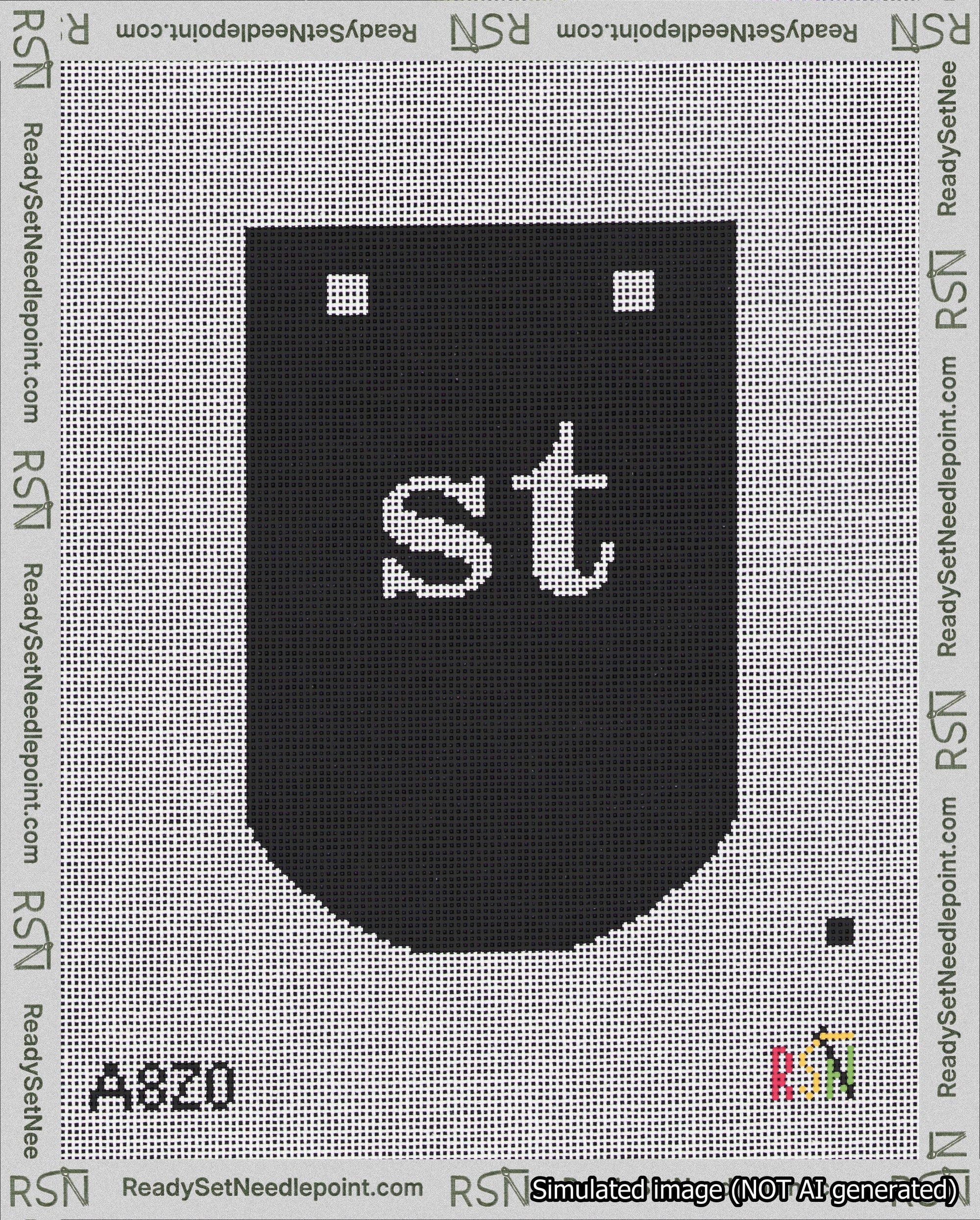 A taped needlepoint canvas with the design: Banner 18 mesh count Curved st White on Black.