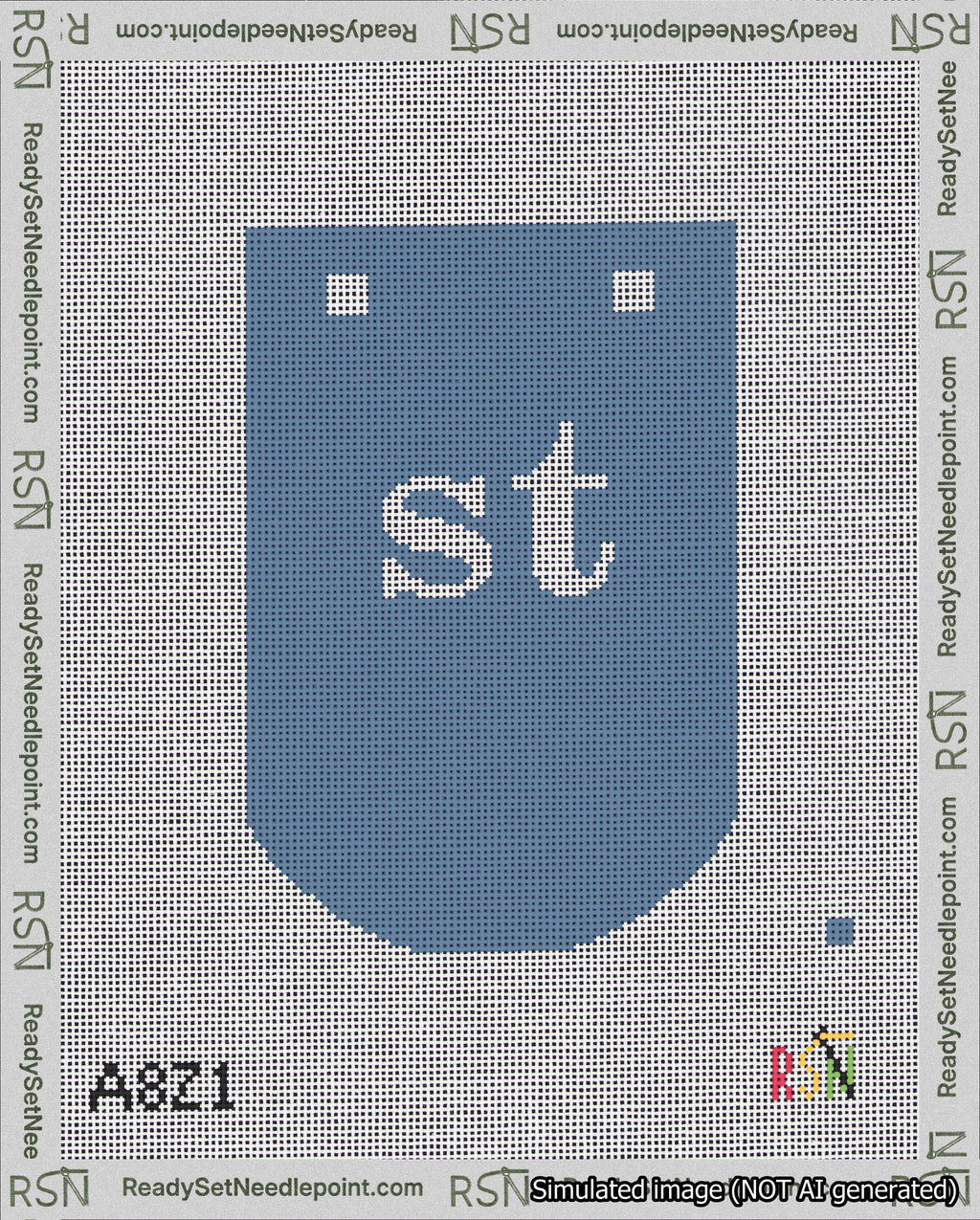 A taped needlepoint canvas with the design: Banner 18 mesh count Curved st White on Blue.