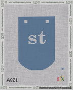 A taped needlepoint canvas with the design: Banner 18 mesh count Curved st White on Blue.