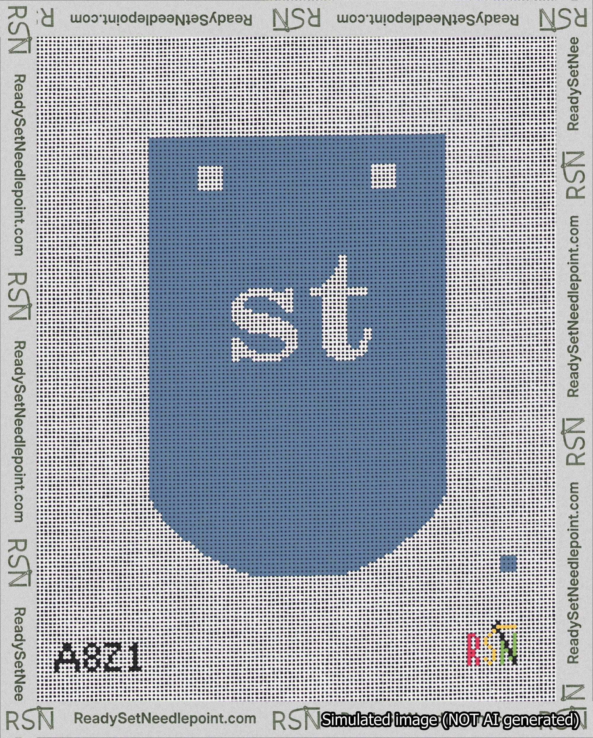 A taped needlepoint canvas with the design: Banner 18 mesh count Curved st White on Blue.
