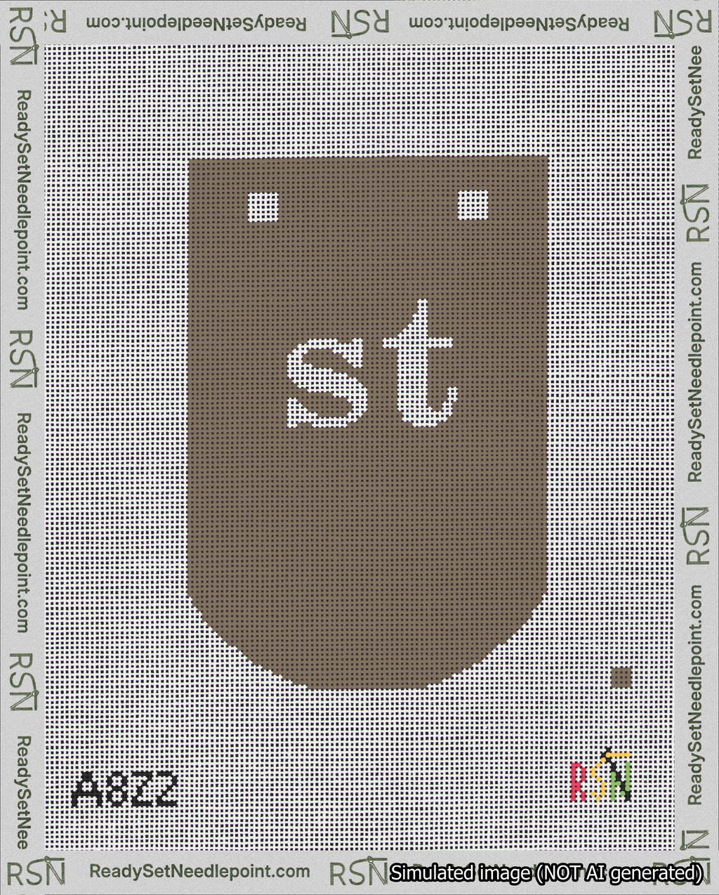 A taped needlepoint canvas with the design: Banner 18 mesh count Curved st White on Brown.