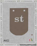 A taped needlepoint canvas with the design: Banner 18 mesh count Curved st White on Brown.