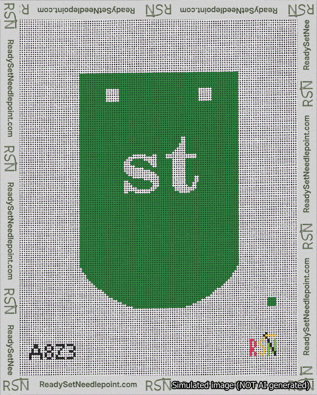 A taped needlepoint canvas with the design: Banner 18 mesh count Curved st White on Green.
