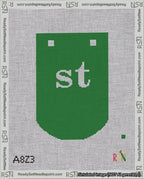 A taped needlepoint canvas with the design: Banner 18 mesh count Curved st White on Green.
