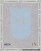 A taped needlepoint canvas with the design: Banner 18 mesh count Curved st White on Light Blue.