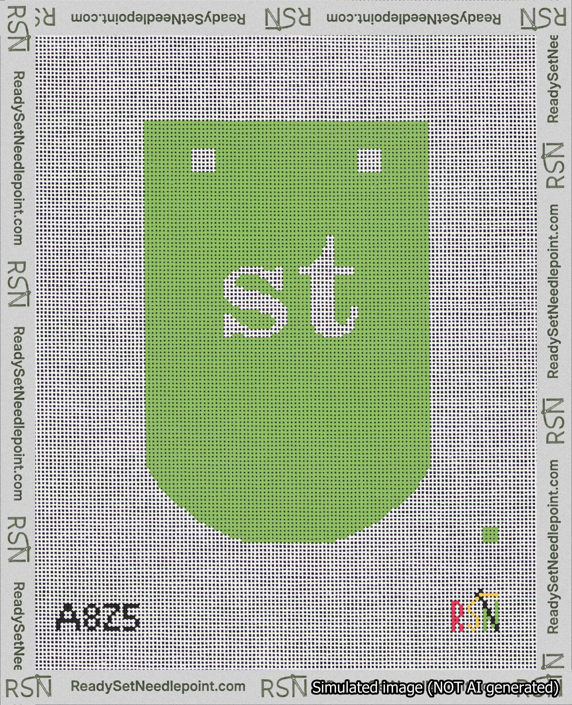 A taped needlepoint canvas with the design: Banner 18 mesh count Curved st White on Light Green.