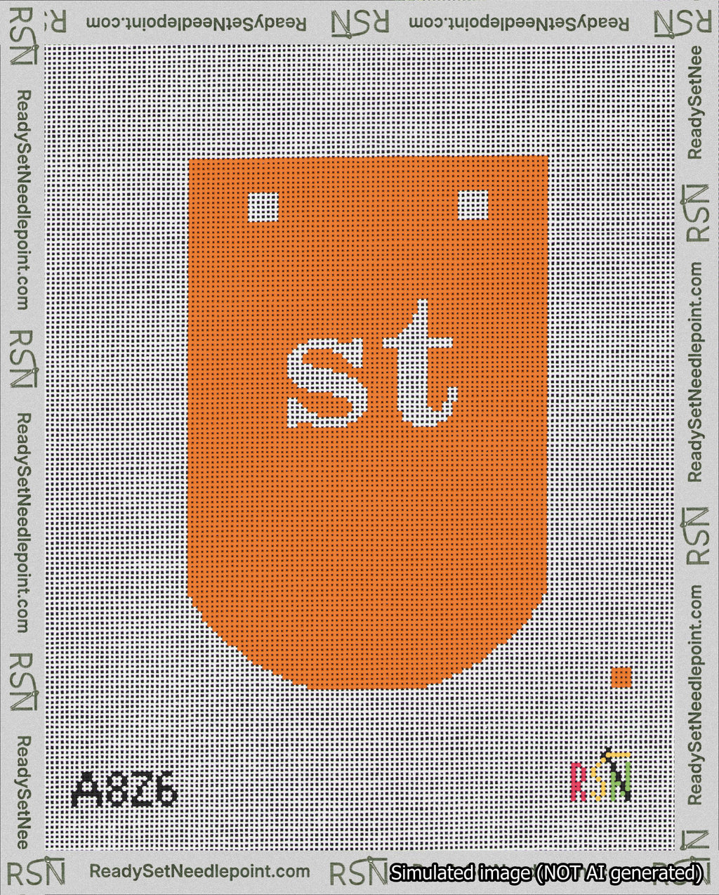 A taped needlepoint canvas with the design: Banner 18 mesh count Curved st White on Orange.