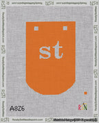 A taped needlepoint canvas with the design: Banner 18 mesh count Curved st White on Orange.