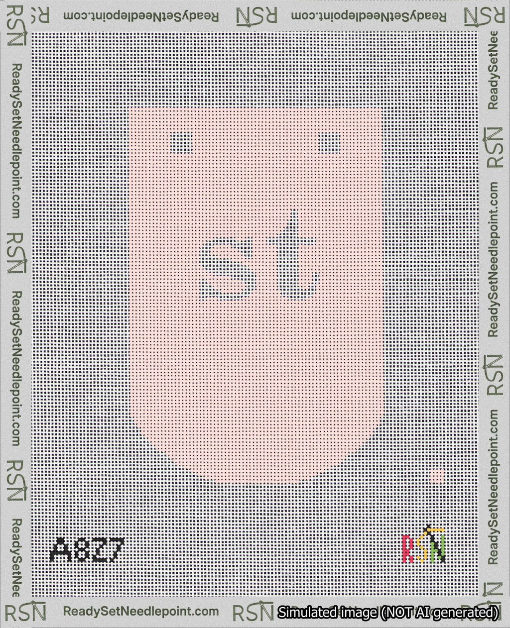 A taped needlepoint canvas with the design: Banner 18 mesh count Curved st White on Pink.