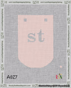 A taped needlepoint canvas with the design: Banner 18 mesh count Curved st White on Pink.