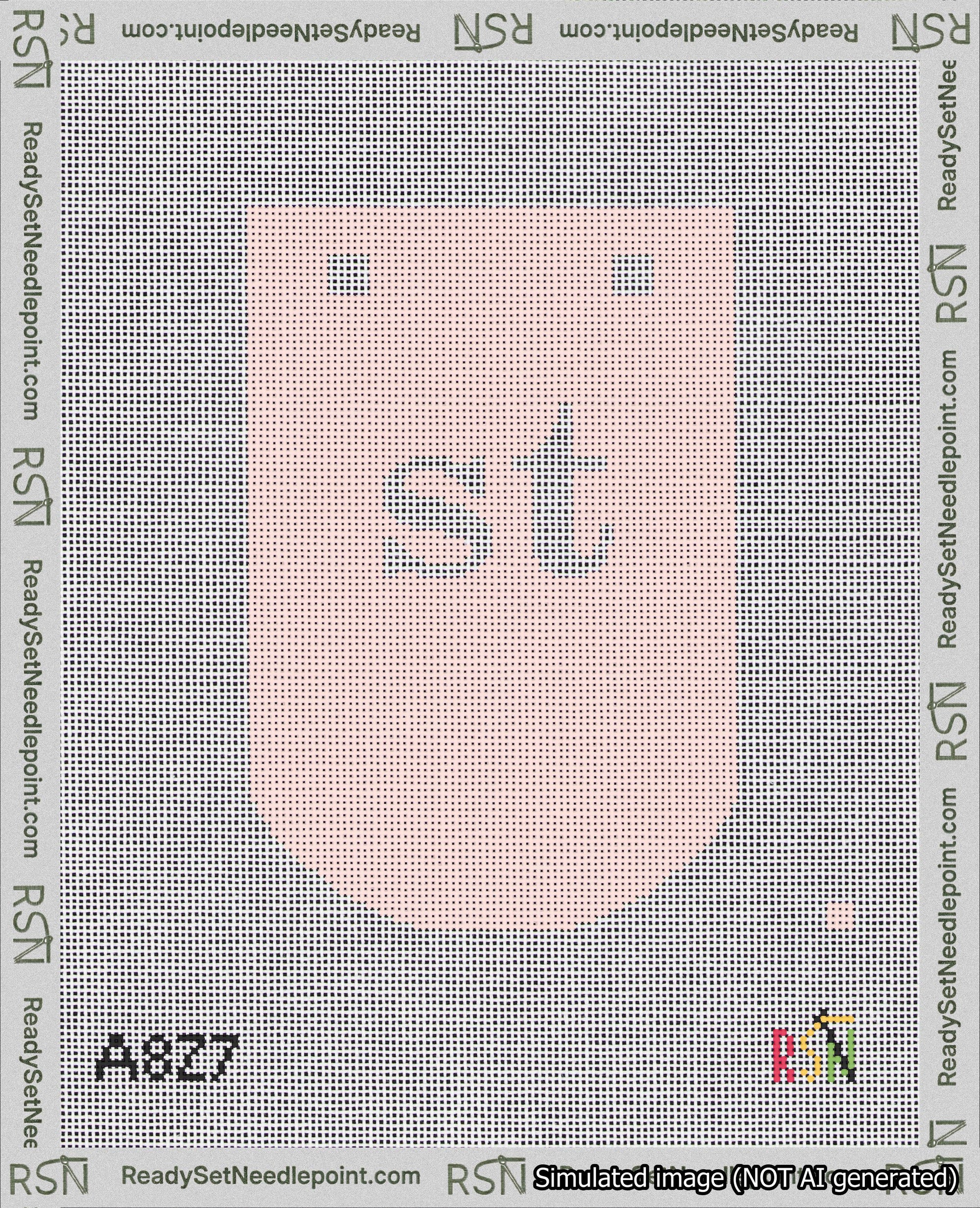 A taped needlepoint canvas with the design: Banner 18 mesh count Curved st White on Pink.
