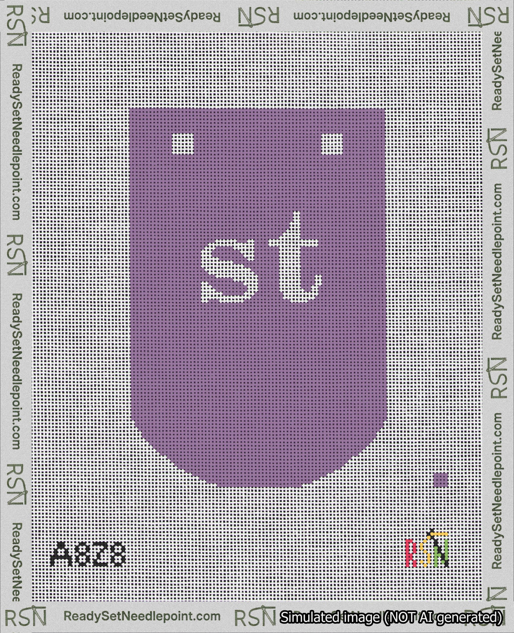 A taped needlepoint canvas with the design: Banner 18 mesh count Curved st White on Purple.