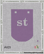 A taped needlepoint canvas with the design: Banner 18 mesh count Curved st White on Purple.