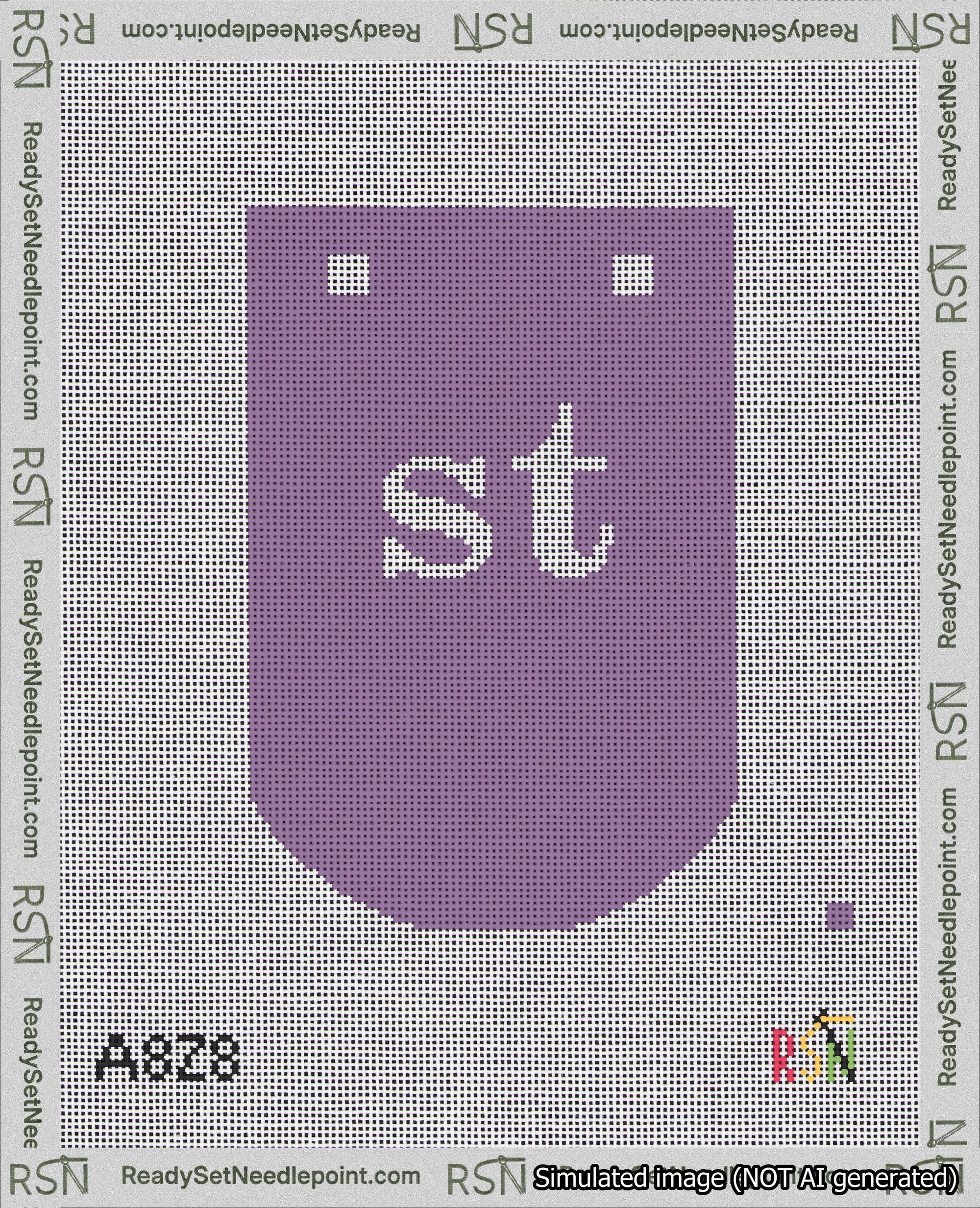 A taped needlepoint canvas with the design: Banner 18 mesh count Curved st White on Purple.