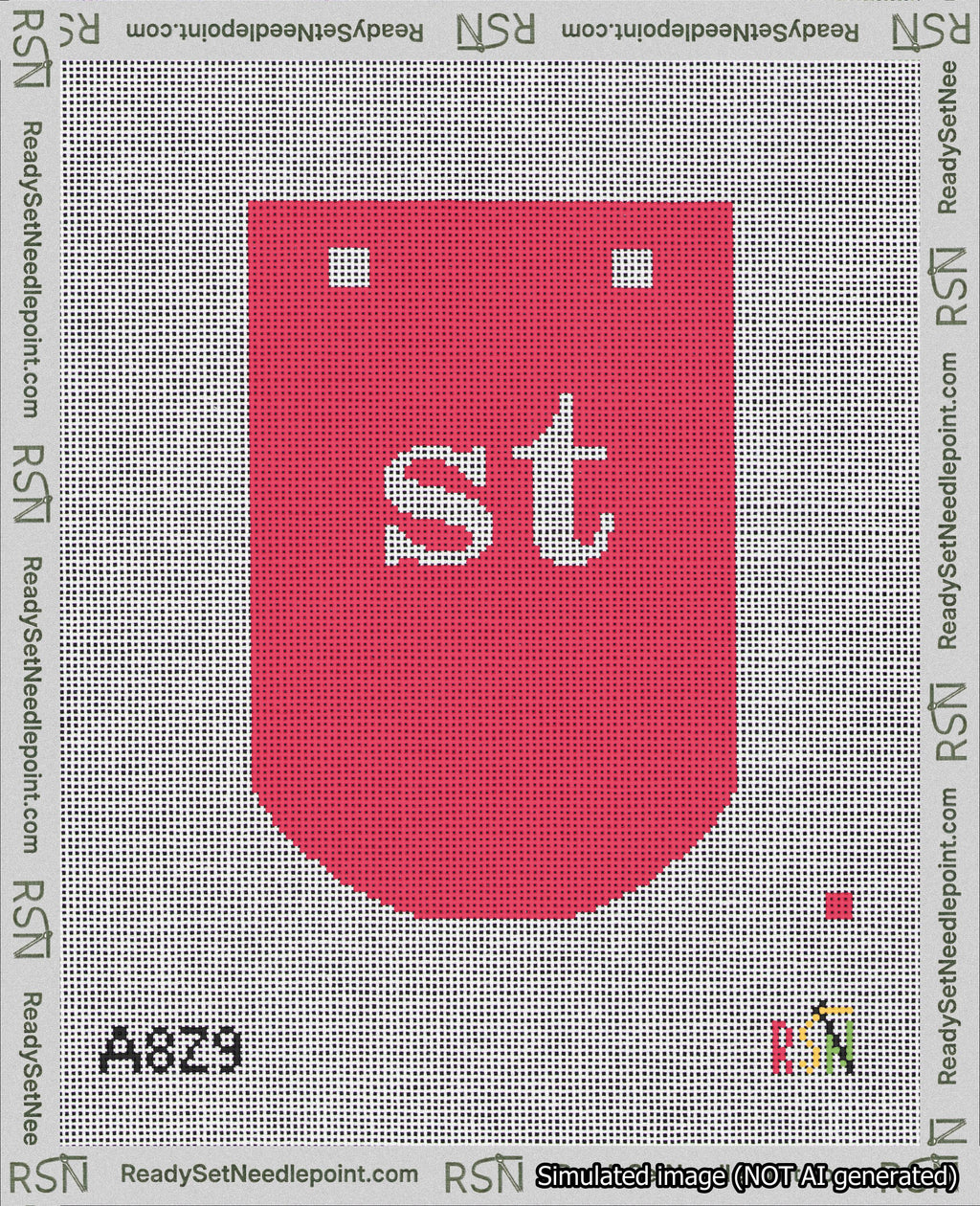 A taped needlepoint canvas with the design: Banner 18 mesh count Curved st White on Red.