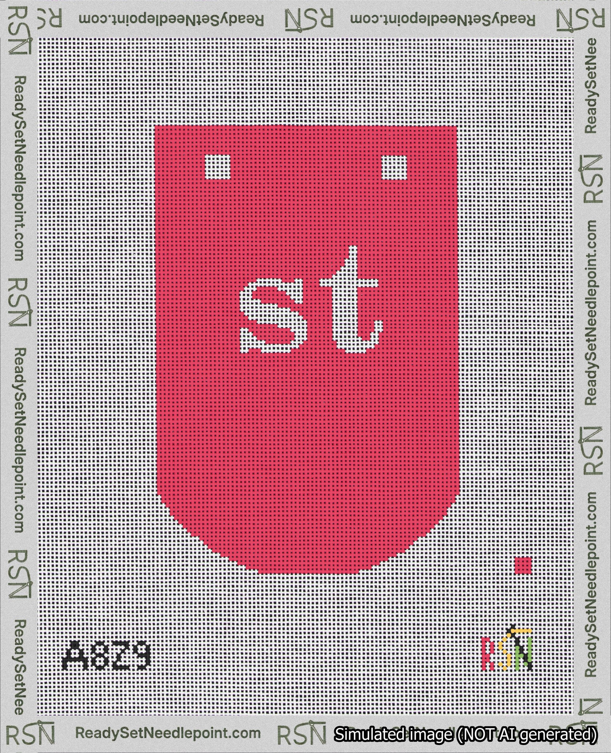 A taped needlepoint canvas with the design: Banner 18 mesh count Curved st White on Red.