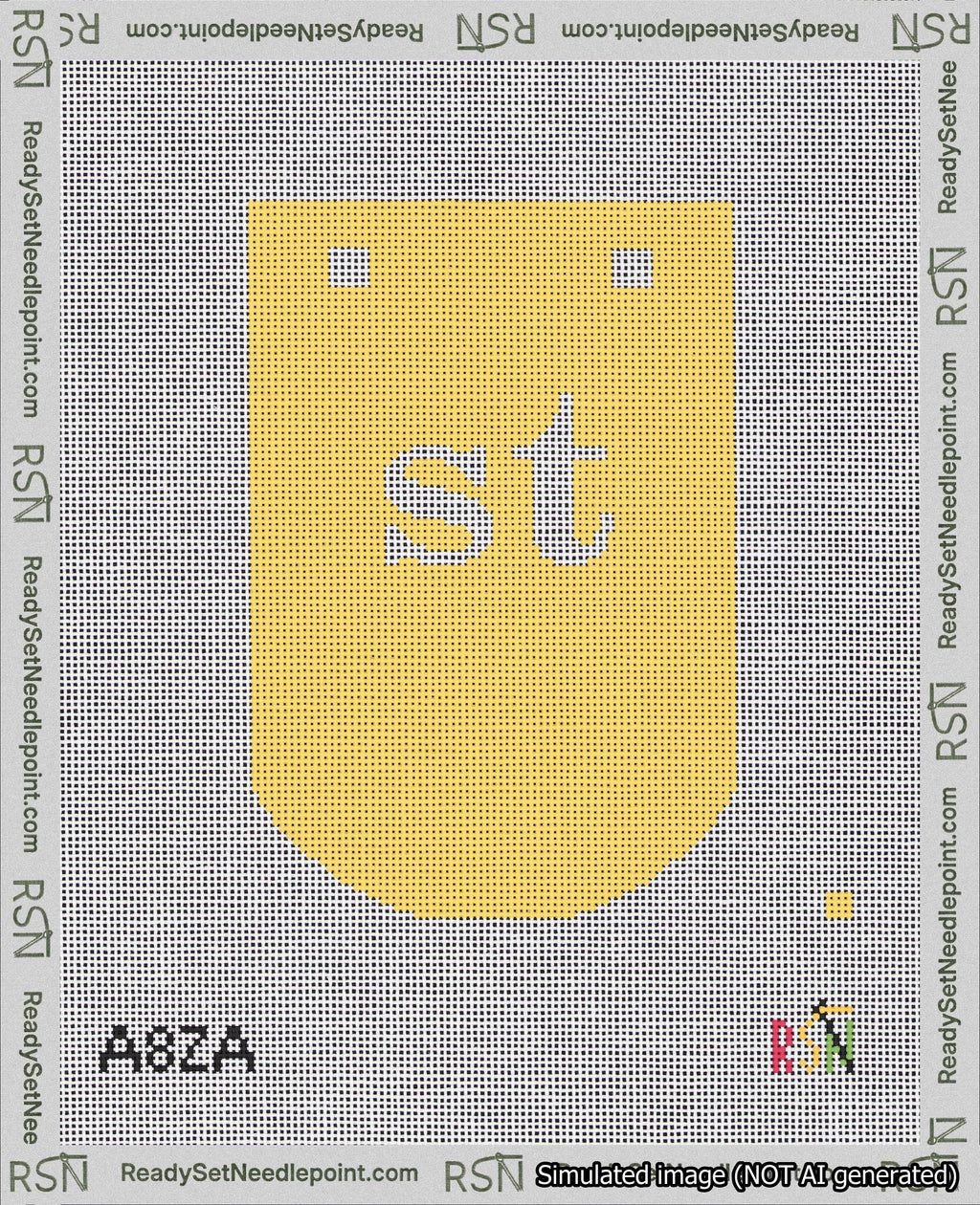 A taped needlepoint canvas with the design: Banner 18 mesh count Curved st White on Yellow.