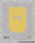 A taped needlepoint canvas with the design: Banner 18 mesh count Curved st White on Yellow.