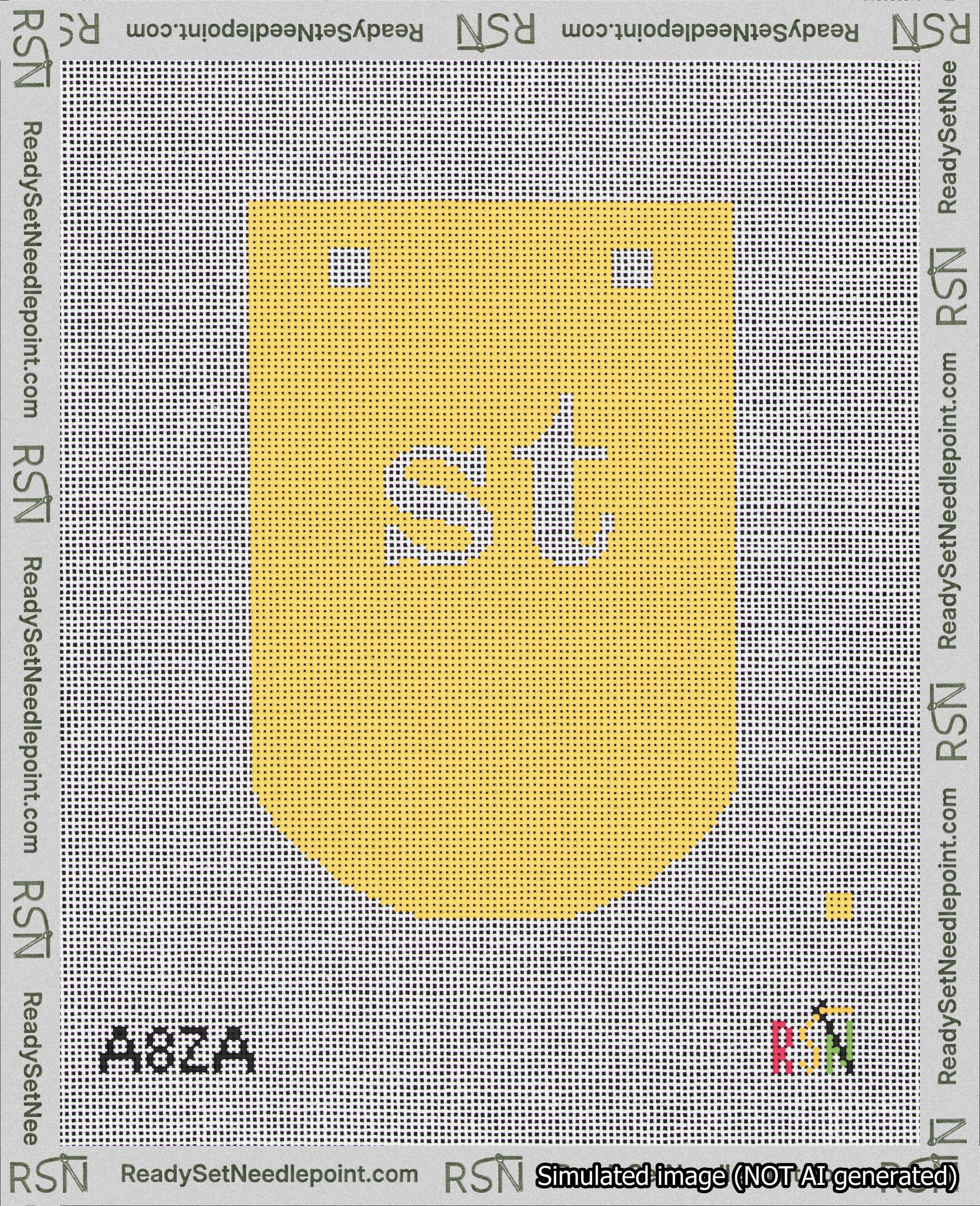 A taped needlepoint canvas with the design: Banner 18 mesh count Curved st White on Yellow.