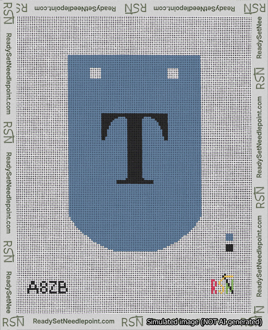 A taped needlepoint canvas with the design: Banner 18 mesh count Curved T Black on Blue.