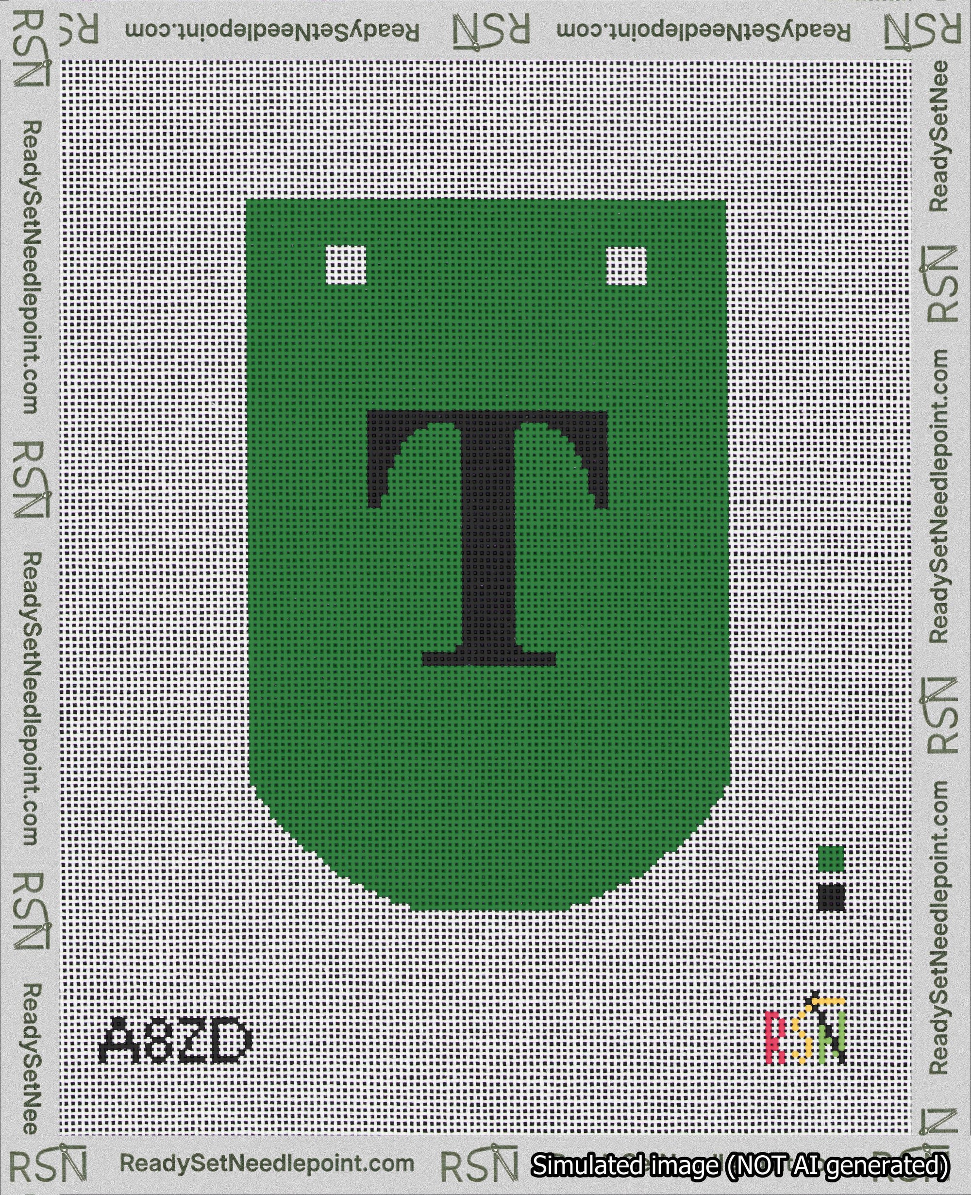 A taped needlepoint canvas with the design: Banner 18 mesh count Curved T Black on Green.