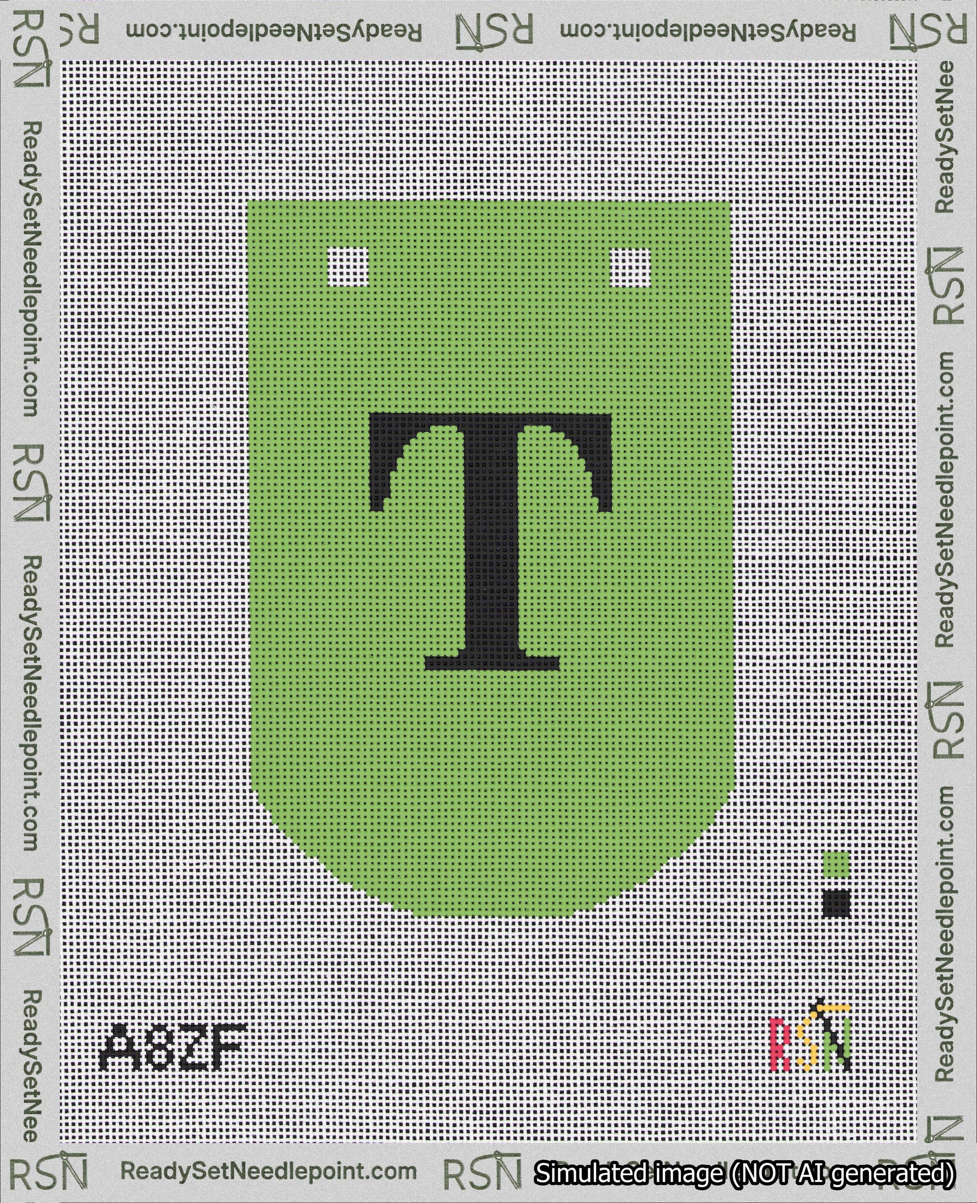 A taped needlepoint canvas with the design: Banner 18 mesh count Curved T Black on Light Green.