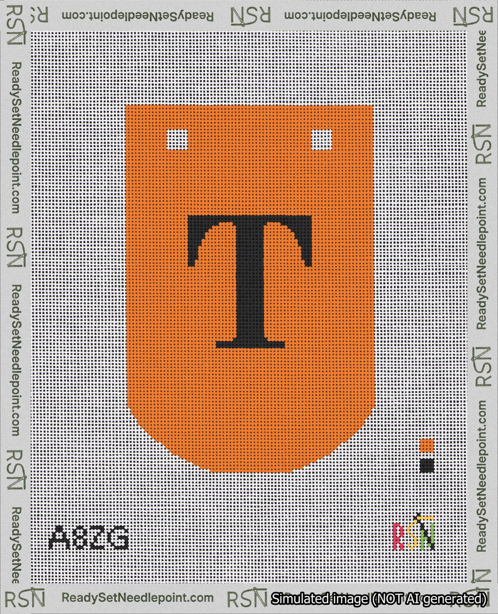 A taped needlepoint canvas with the design: Banner 18 mesh count Curved T Black on Orange.