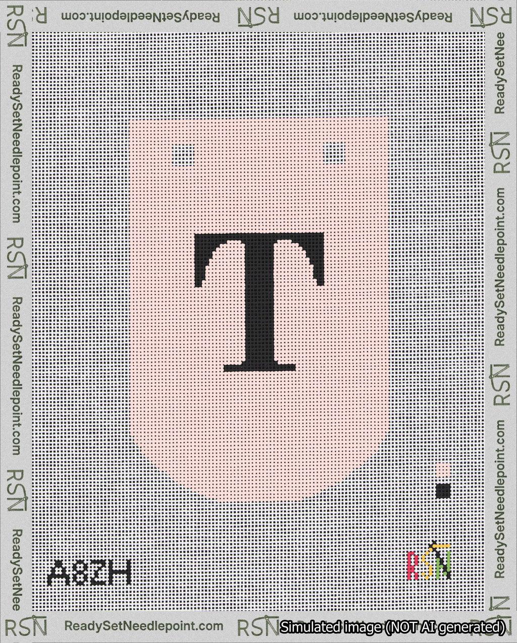 A taped needlepoint canvas with the design: Banner 18 mesh count Curved T Black on Pink.