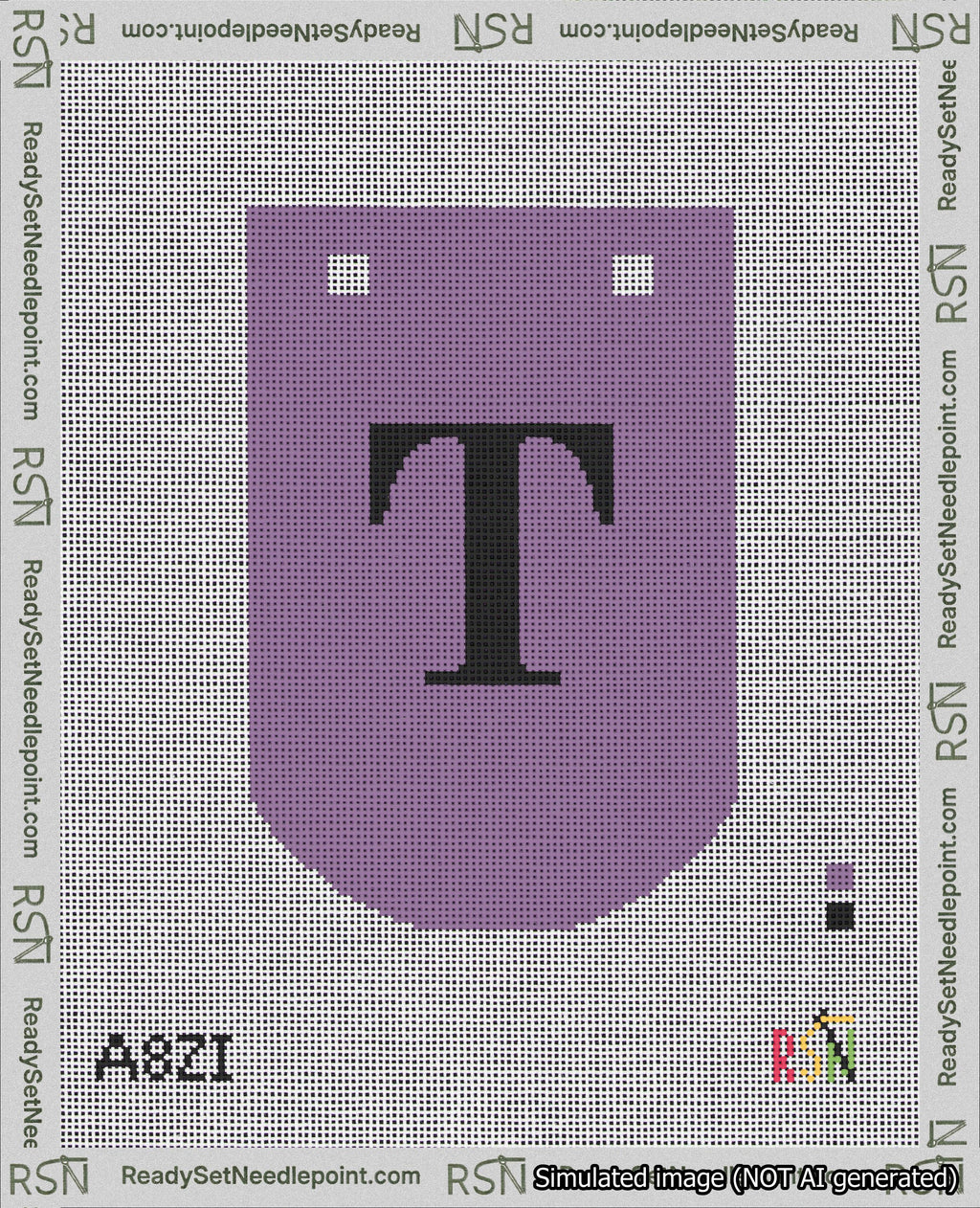 A taped needlepoint canvas with the design: Banner 18 mesh count Curved T Black on Purple.