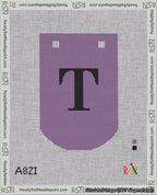 A taped needlepoint canvas with the design: Banner 18 mesh count Curved T Black on Purple.