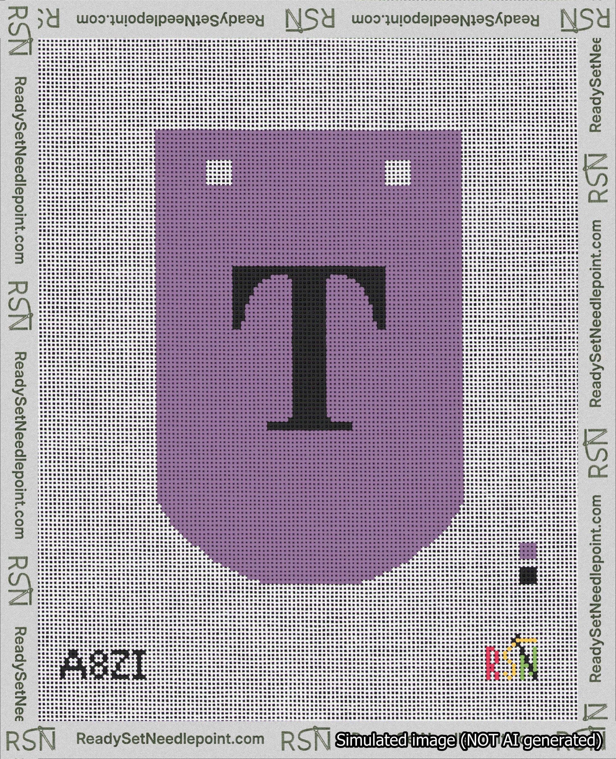 A taped needlepoint canvas with the design: Banner 18 mesh count Curved T Black on Purple.