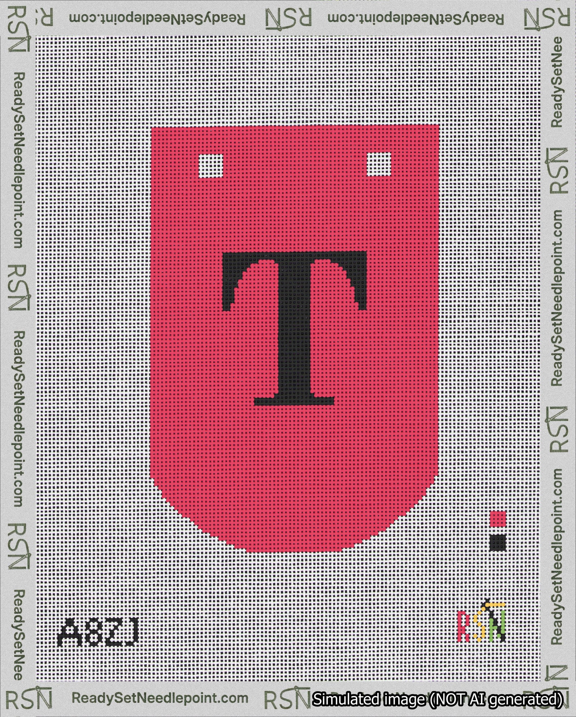 A taped needlepoint canvas with the design: Banner 18 mesh count Curved T Black on Red.