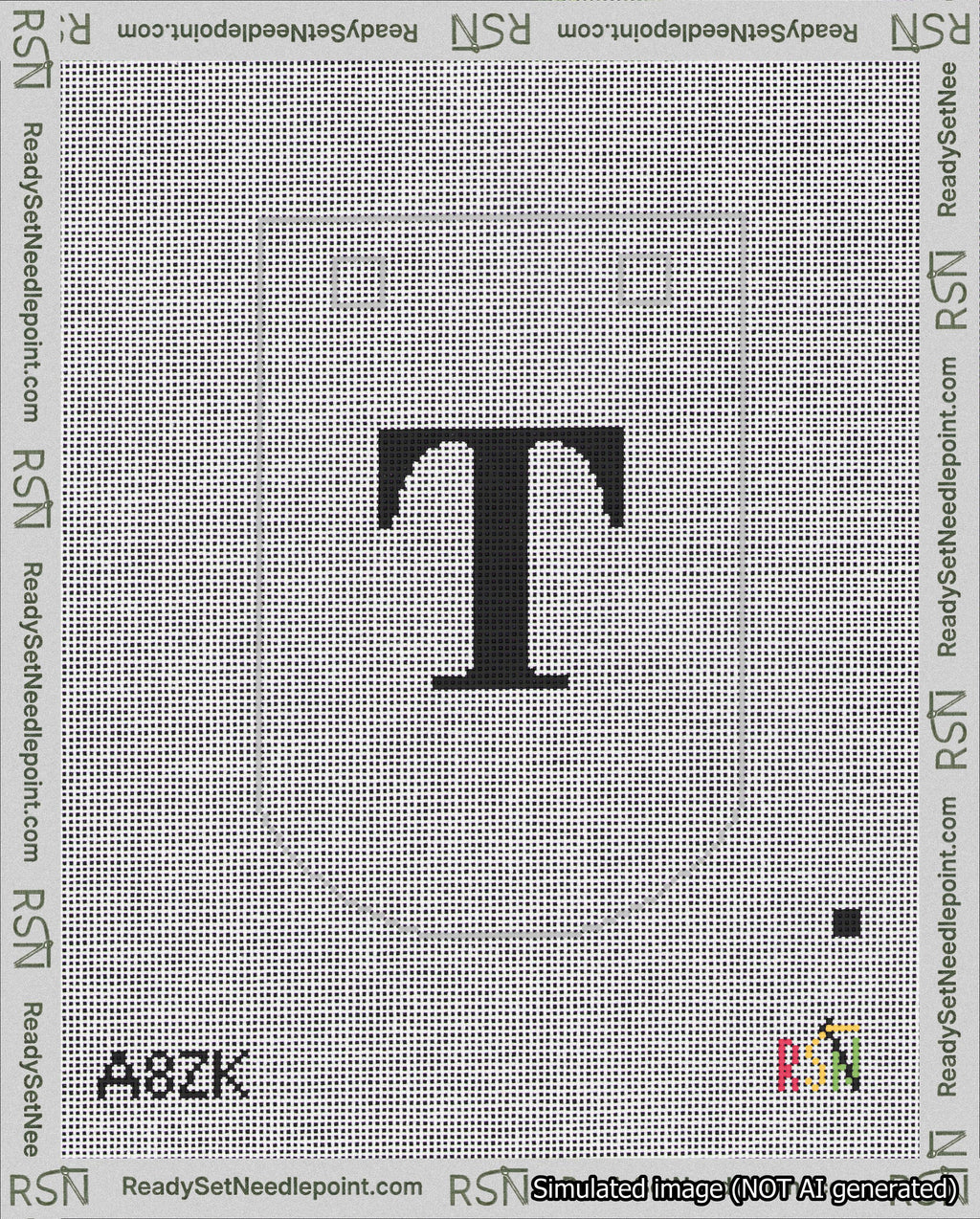 A taped needlepoint canvas with the design: Banner 18 mesh count Curved T Black on White.