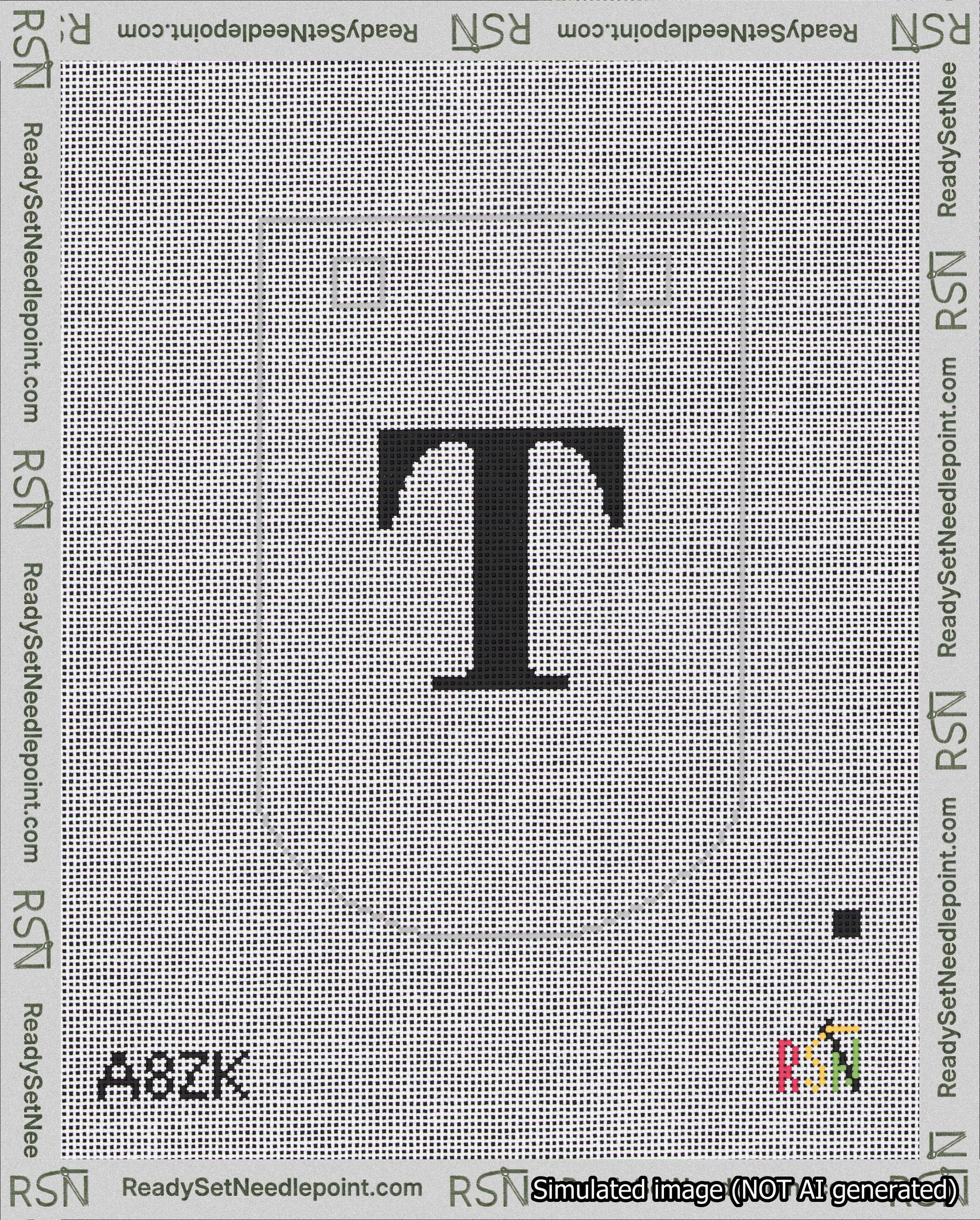 A taped needlepoint canvas with the design: Banner 18 mesh count Curved T Black on White.