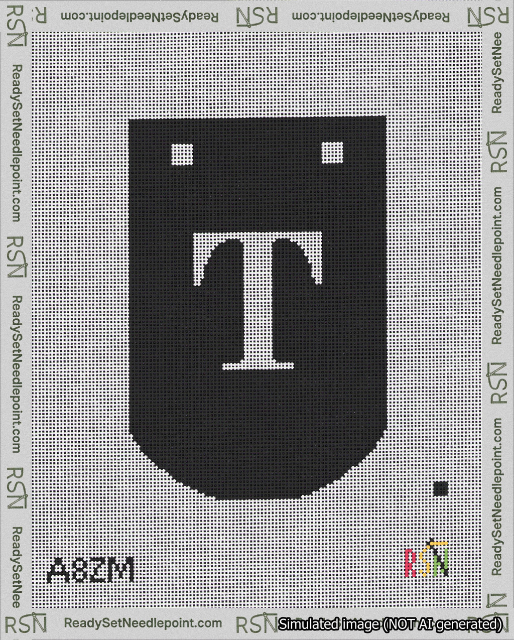 A taped needlepoint canvas with the design: Banner 18 mesh count Curved T White on Black.