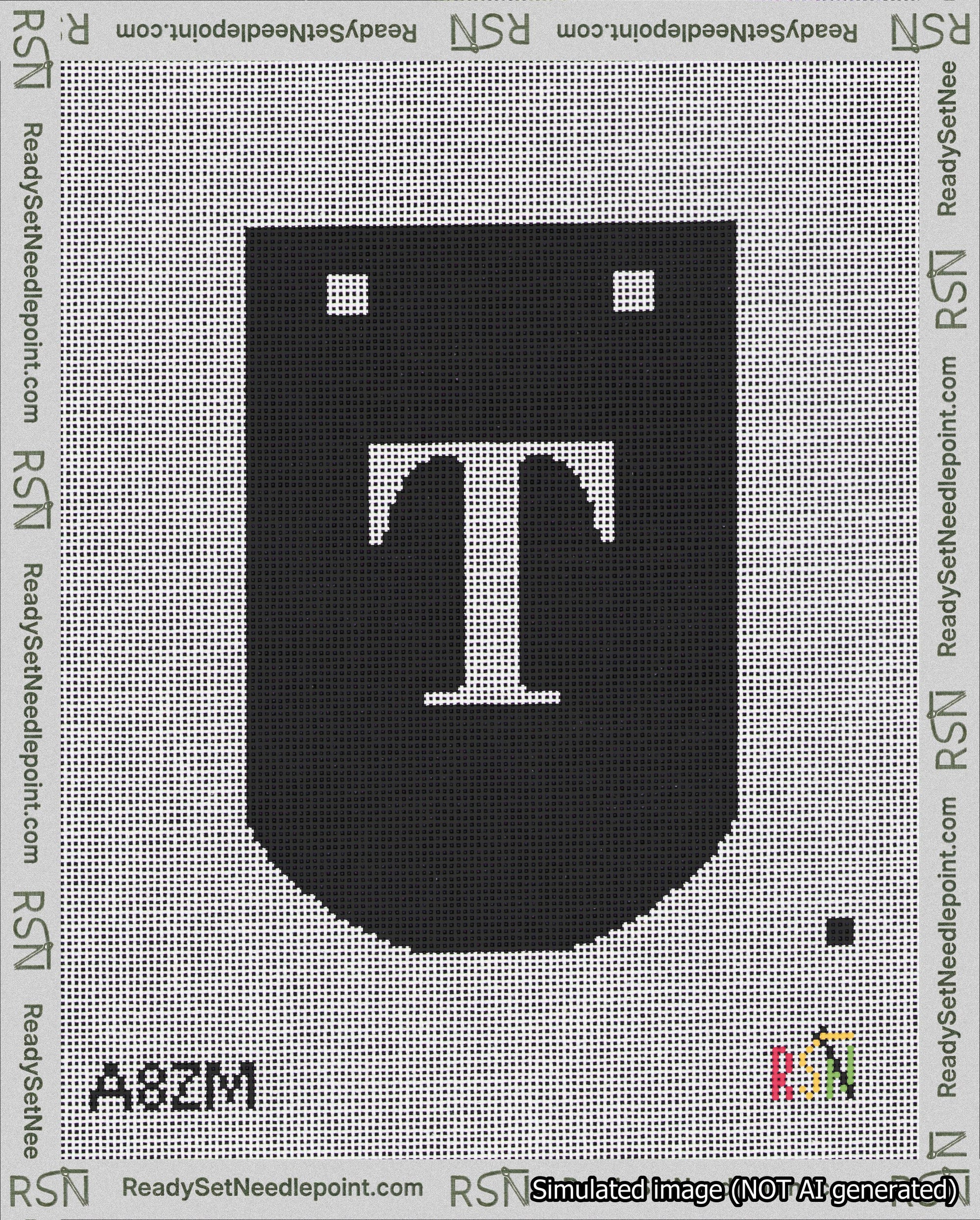 A taped needlepoint canvas with the design: Banner 18 mesh count Curved T White on Black.