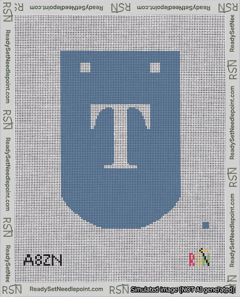 A taped needlepoint canvas with the design: Banner 18 mesh count Curved T White on Blue.