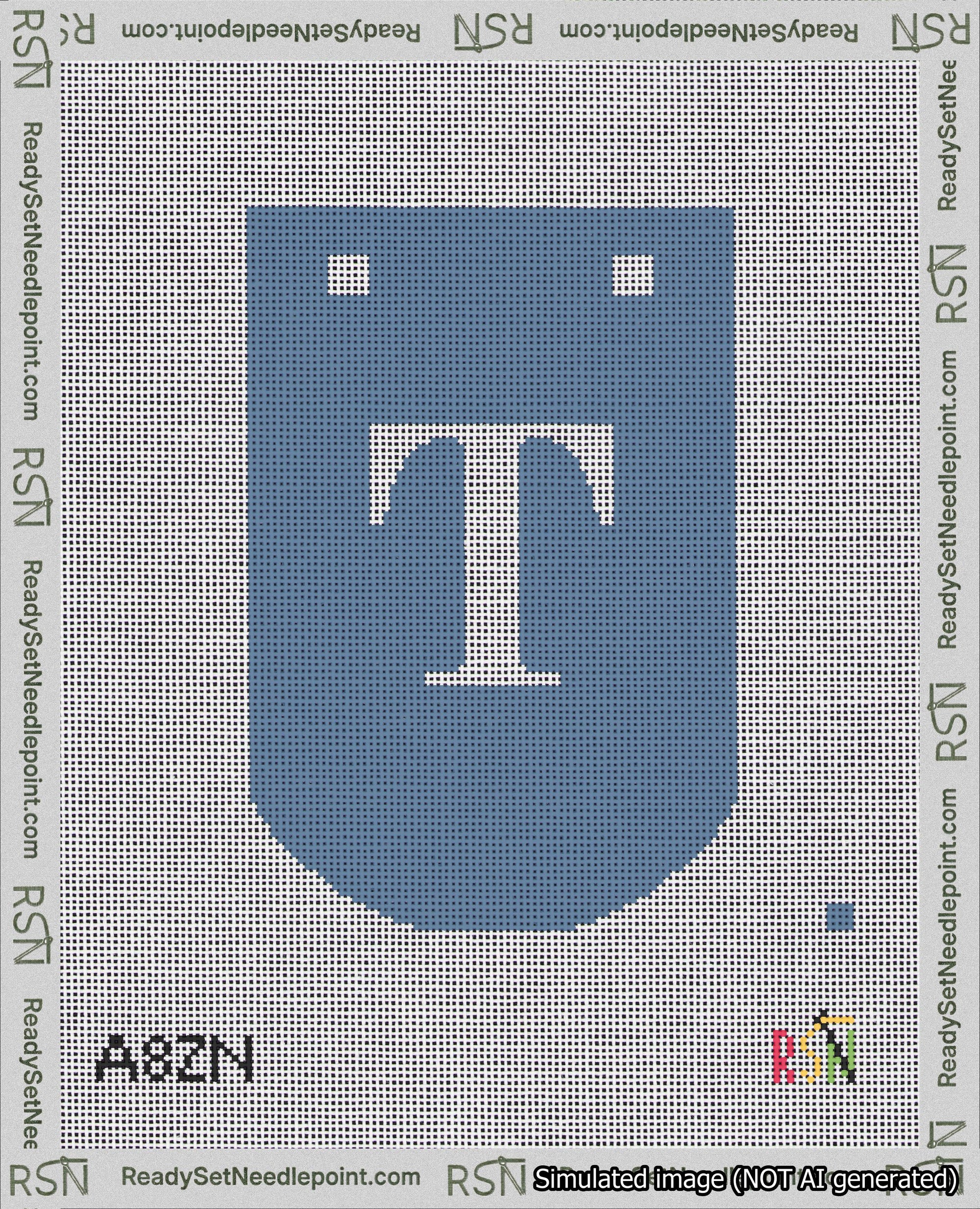 A taped needlepoint canvas with the design: Banner 18 mesh count Curved T White on Blue.